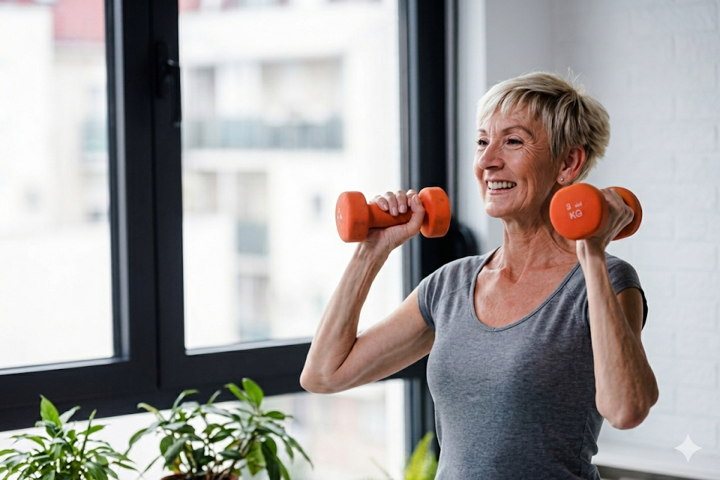 Woman over 40 lifting dumbbells with confidence